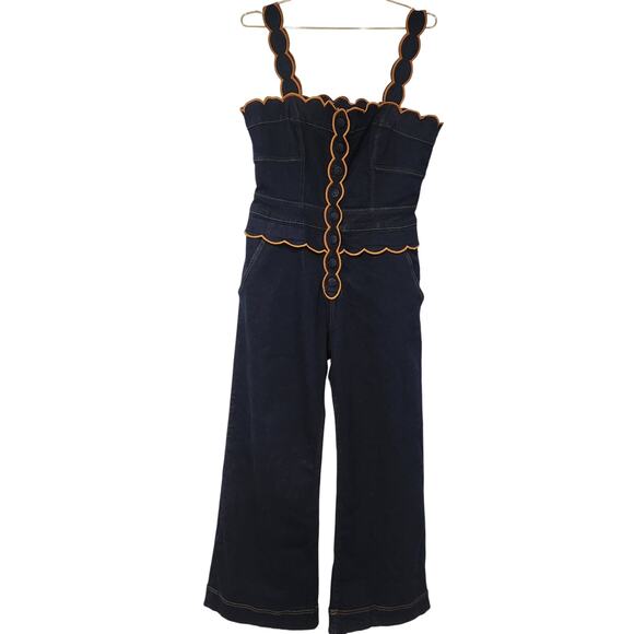 Farm Rio Dark Denim wavy trim jumpsuit size large - Picture 2 of 8